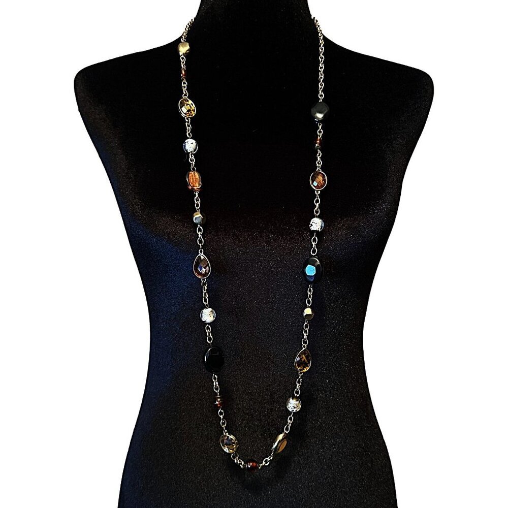 Charming Charlie Long Necklace Gold Tone Animal Print Brown Glass Acrylic Beads